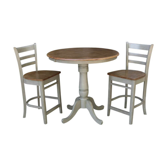 International Concepts (Set of 3 Pcs) - 36in Round Extension Dining Table with 2 RTA Counter Height Stools in Hickory/Stone Finish - K41-36RXT-6B-S6172-2 veiw 1