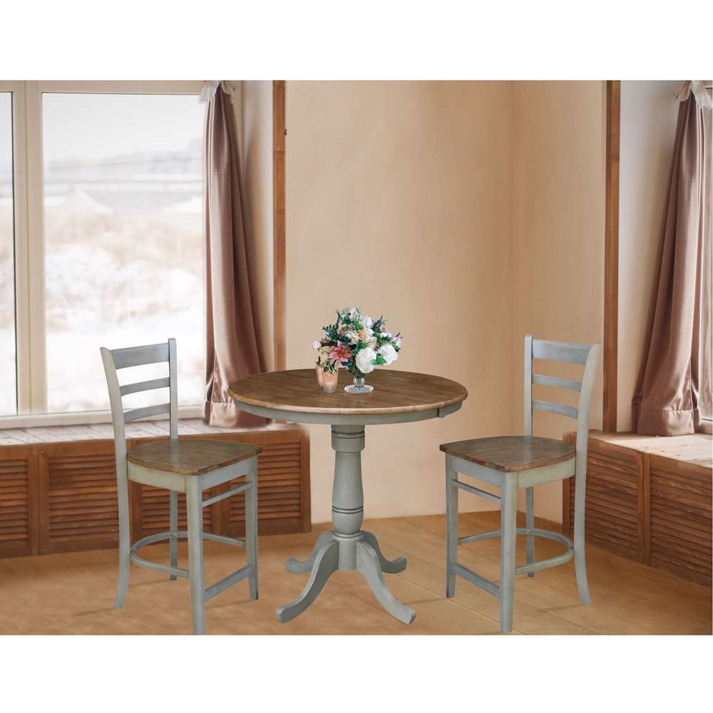 International Concepts (Set of 3 Pcs) - 36in Round Extension Dining Table with 2 RTA Counter Height Stools in Hickory/Stone Finish - K41-36RXT-6B-S6172-2 veiw 2