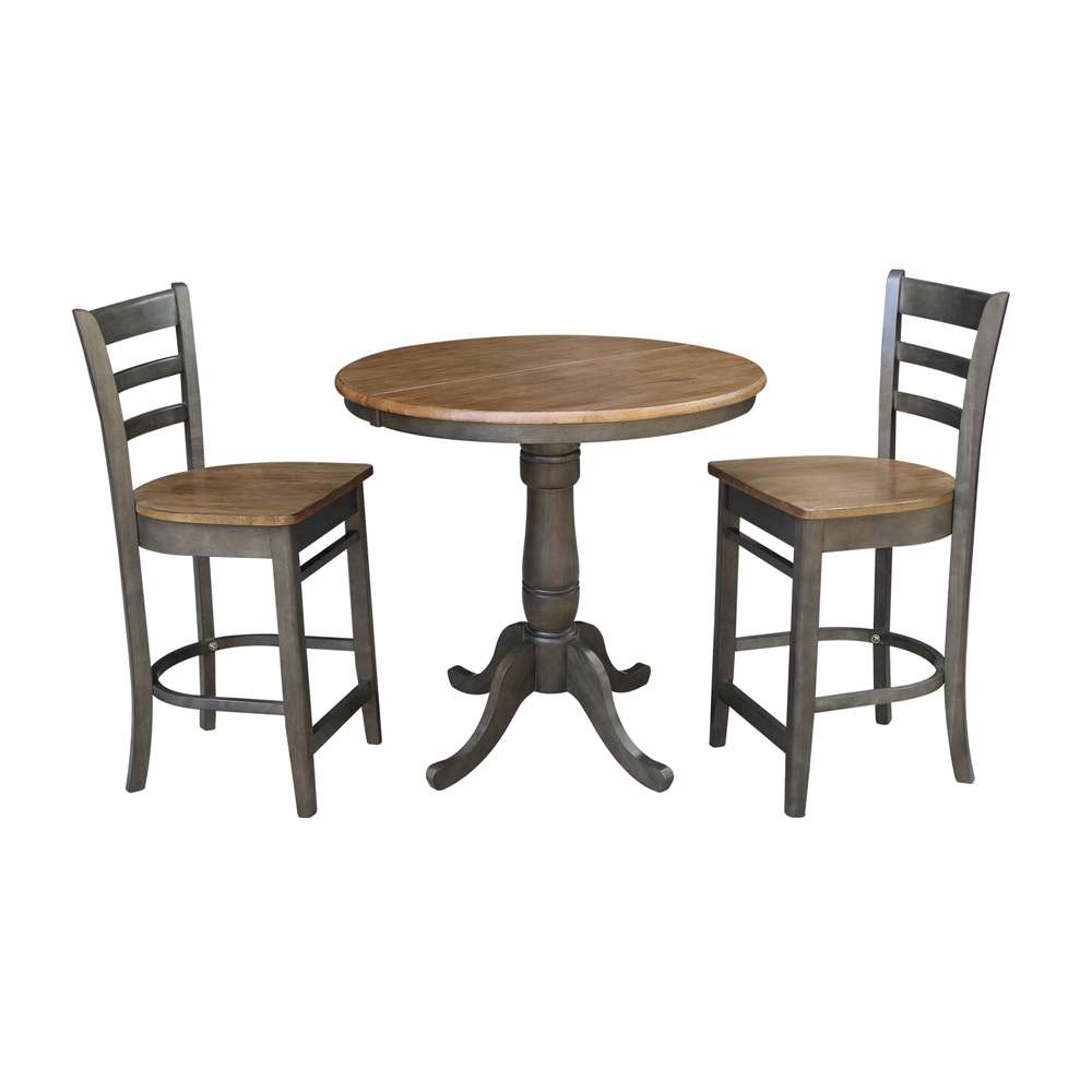 International Concepts (Set of 3 Pcs) - 36in Round Extension Dining Table with 2 RTA Counter Height Stools in Hickory/Washed Coal Finish - K45-36RXT-6B-S6172-2 veiw 1