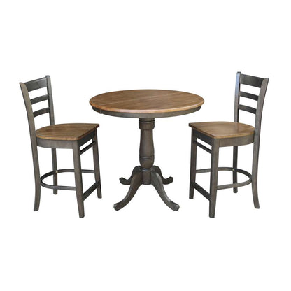 International Concepts (Set of 3 Pcs) - 36in Round Extension Dining Table with 2 RTA Counter Height Stools in Hickory/Washed Coal Finish - K45-36RXT-6B-S6172-2 veiw 1