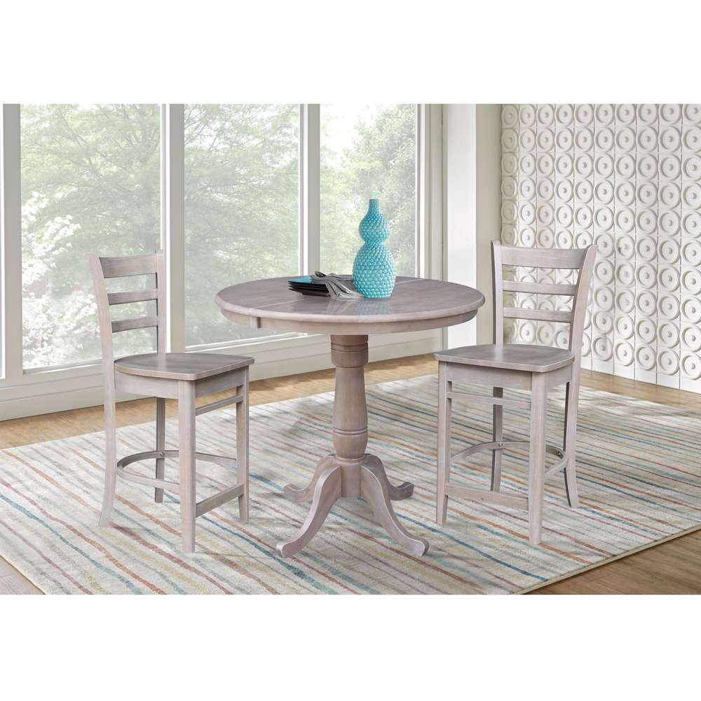 International Concepts (Set of 3 Pcs) - 36in Round Extension Dining Table with 2 RTA Counter Height Stools in Washed Gray Taupe Finish - K09-36RXT-S6172-2 veiw 2