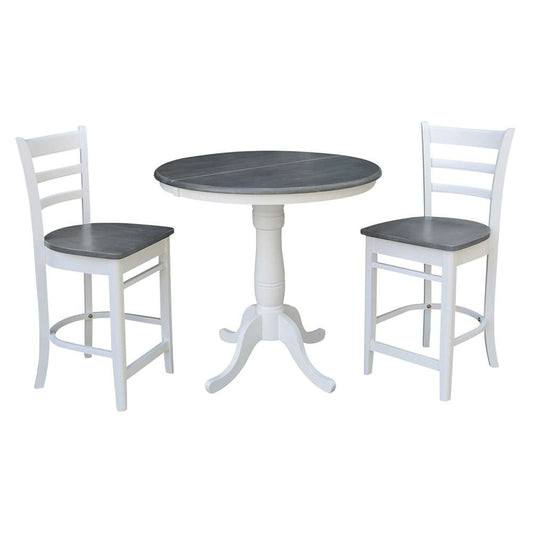 International Concepts (Set of 3 Pcs) - 36in Round Extension Dining Table with 2 RTA Counter Height Stools in White/Heather Gray Finish - K05-36RXT-6B-S6172-2 veiw 1