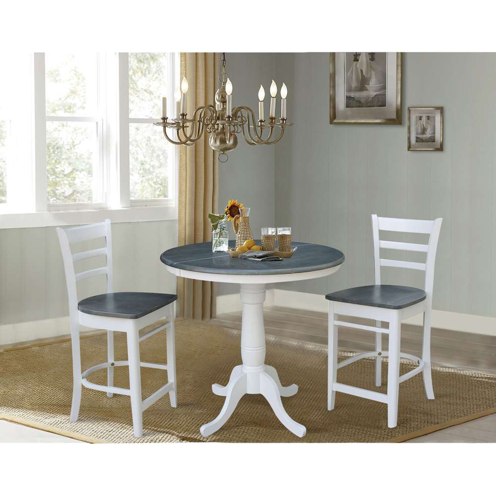International Concepts (Set of 3 Pcs) - 36in Round Extension Dining Table with 2 RTA Counter Height Stools in White/Heather Gray Finish - K05-36RXT-6B-S6172-2 veiw 2