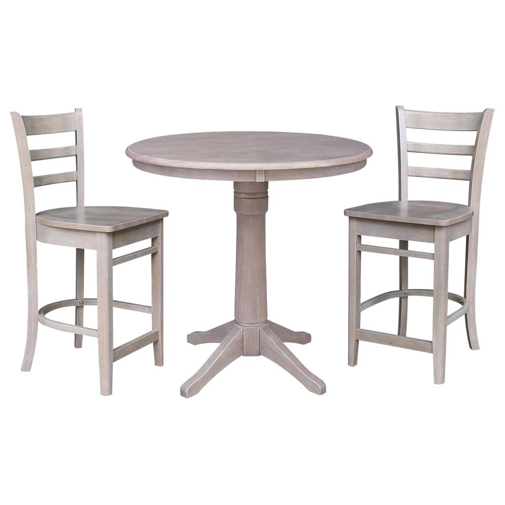 International Concepts (Set of 3 Pcs) - 36in Round Pedestal Gathering Height Table with 2 Counter Height Stools in Washed Gray Taupe Finish - K09-36RT-27B-S6172-2 veiw 1