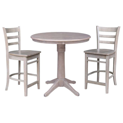 International Concepts (Set of 3 Pcs) - 36in Round Pedestal Gathering Height Table with 2 Counter Height Stools in Washed Gray Taupe Finish - K09-36RT-27B-S6172-2 veiw 1