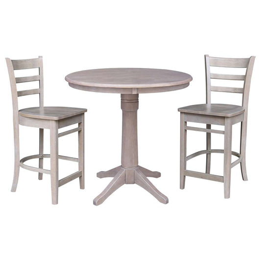 International Concepts (Set of 3 Pcs) - 36in Round Pedestal Gathering Height Table with 2 Counter Height Stools in Washed Gray Taupe Finish - K09-36RT-27B-S6172-2 veiw 1