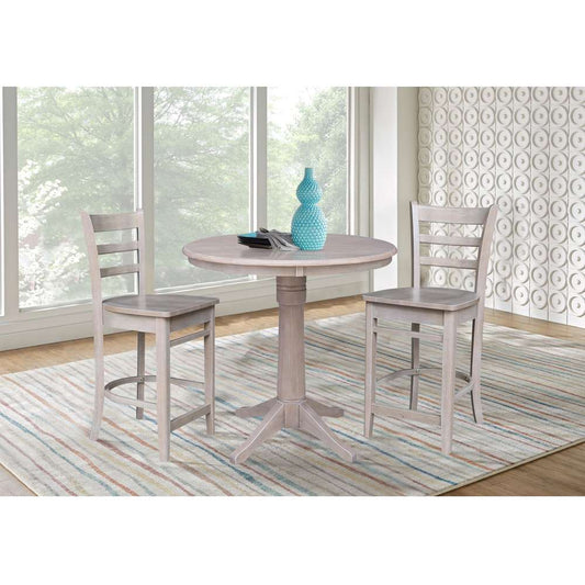 International Concepts (Set of 3 Pcs) - 36in Round Pedestal Gathering Height Table with 2 Counter Height Stools in Washed Gray Taupe Finish - K09-36RT-27B-S6172-2 veiw 2