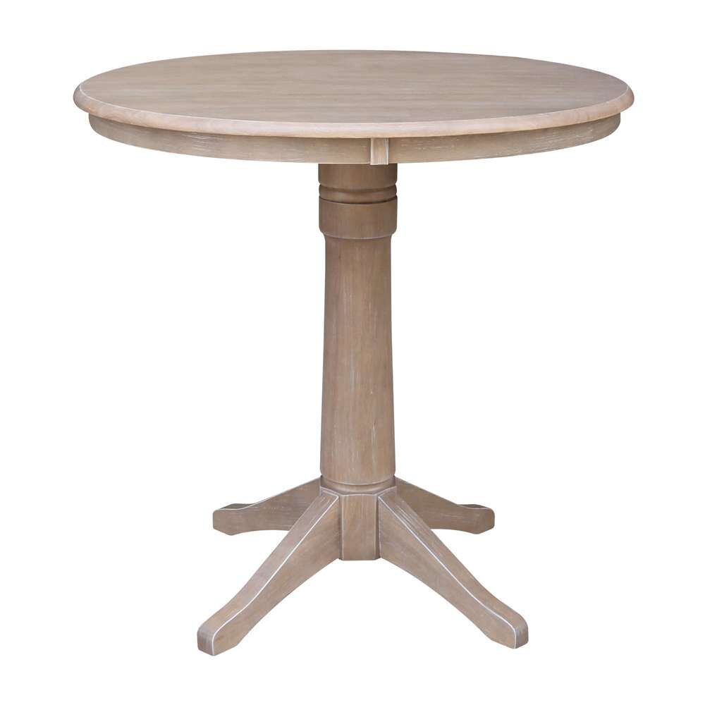 International Concepts (Set of 3 Pcs) - 36in Round Pedestal Gathering Height Table with 2 Counter Height Stools in Washed Gray Taupe Finish - K09-36RT-27B-S6172-2 veiw 4