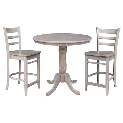 International Concepts (Set of 3 Pcs) - 36in Round Pedestal Gathering Height Table with 2 RTA Counter Height Stools in Washed Gray Taupe Finish - K09-36RT-S6172-2 veiw 1