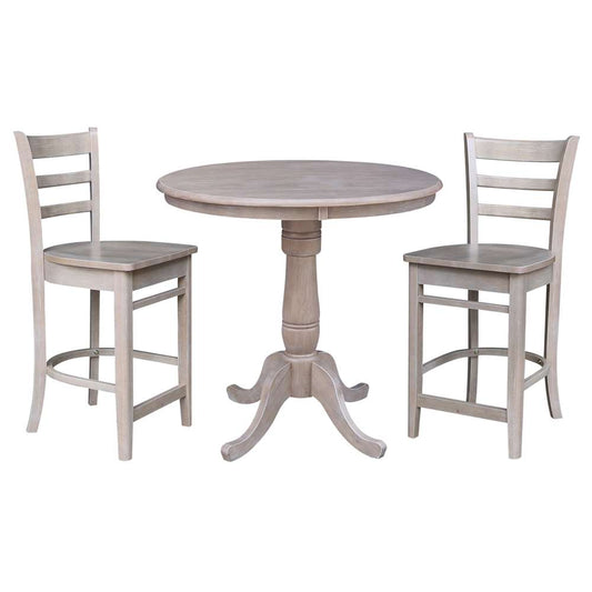 International Concepts (Set of 3 Pcs) - 36in Round Pedestal Gathering Height Table with 2 RTA Counter Height Stools in Washed Gray Taupe Finish - K09-36RT-S6172-2 veiw 1