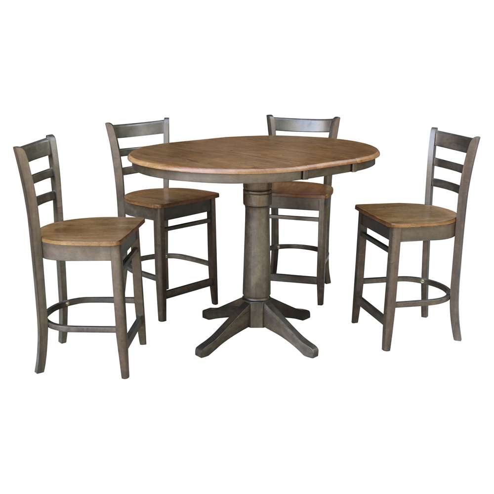 International Concepts - (Set of 5 Pcs) 36in Round Extension Dining Table with 4 Counter Height Stools in Hickory/Washed Coal Finish - K45-36RXT-27-S6172-4 veiw 1