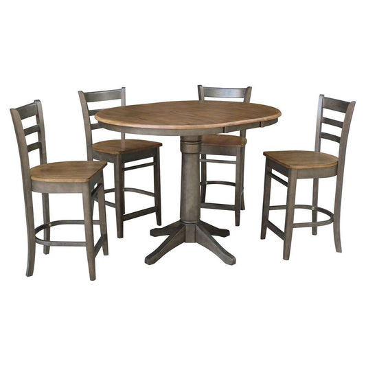 International Concepts - (Set of 5 Pcs) 36in Round Extension Dining Table with 4 Counter Height Stools in Hickory/Washed Coal Finish - K45-36RXT-27-S6172-4 veiw 1