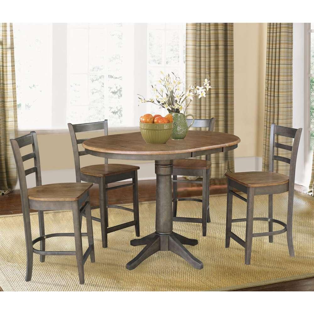 International Concepts - (Set of 5 Pcs) 36in Round Extension Dining Table with 4 Counter Height Stools in Hickory/Washed Coal Finish - K45-36RXT-27-S6172-4 veiw 2