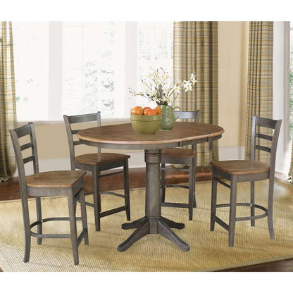 International Concepts - (Set of 5 Pcs) 36in Round Extension Dining Table with 4 Counter Height Stools in Hickory/Washed Coal Finish - K45-36RXT-27-S6172-4 veiw 2