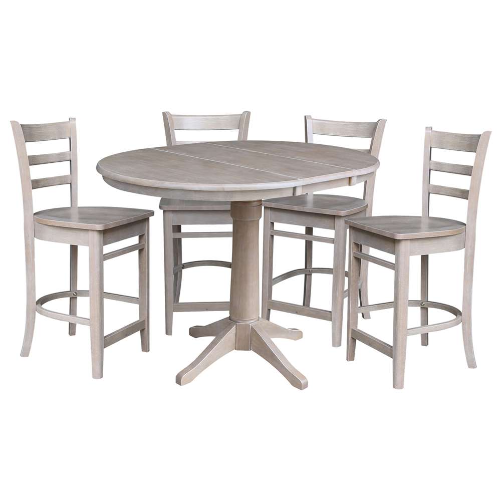 International Concepts - (Set of 5 Pcs) 36in Round Extension Dining Table with 4 Counter Height Stools in Washed Gray Taupe Finish - K09-36RXT-27-S6172-4 veiw 1