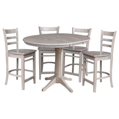International Concepts - (Set of 5 Pcs) 36in Round Extension Dining Table with 4 Counter Height Stools in Washed Gray Taupe Finish - K09-36RXT-27-S6172-4 veiw 1
