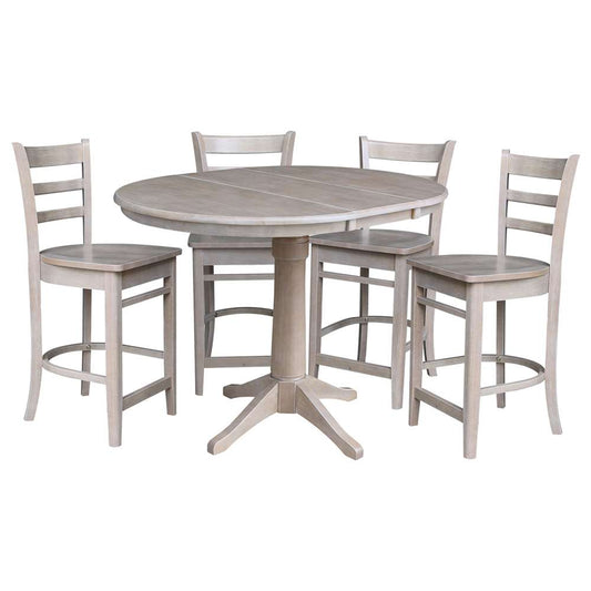 International Concepts - (Set of 5 Pcs) 36in Round Extension Dining Table with 4 Counter Height Stools in Washed Gray Taupe Finish - K09-36RXT-27-S6172-4 veiw 1