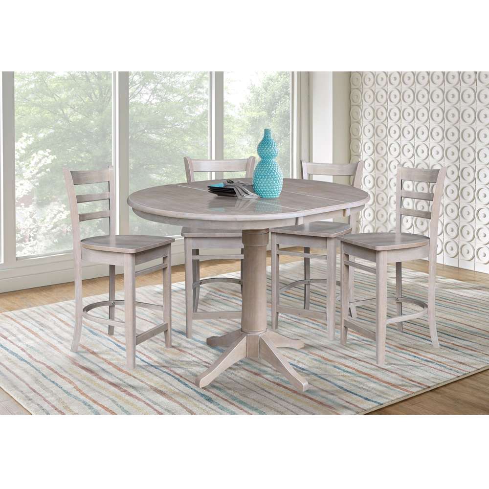 International Concepts - (Set of 5 Pcs) 36in Round Extension Dining Table with 4 Counter Height Stools in Washed Gray Taupe Finish - K09-36RXT-27-S6172-4 veiw 2