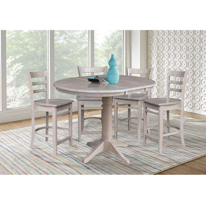 International Concepts - (Set of 5 Pcs) 36in Round Extension Dining Table with 4 Counter Height Stools in Washed Gray Taupe Finish - K09-36RXT-27-S6172-4 veiw 2