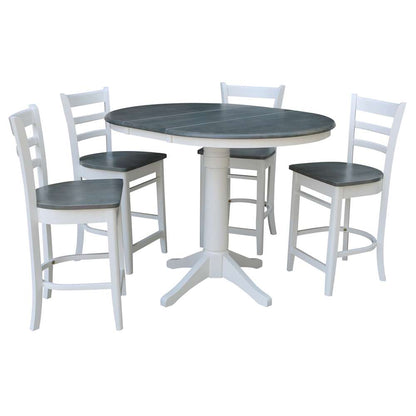 International Concepts - (Set of 5 Pcs) 36in Round Extension Dining Table with 4 Counter Height Stools in White/Heather Gray Finish - K05-36RXT-27B-S6172-4 veiw 1