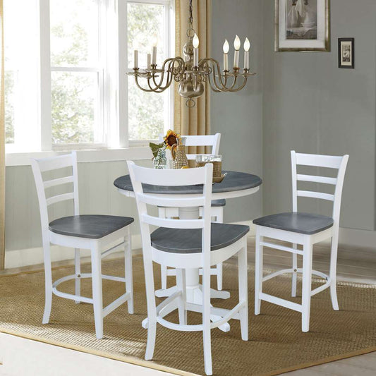 International Concepts - (Set of 5 Pcs) 36in Round Extension Dining Table with 4 Counter Height Stools in White/Heather Gray Finish - K05-36RXT-27B-S6172-4 veiw 2