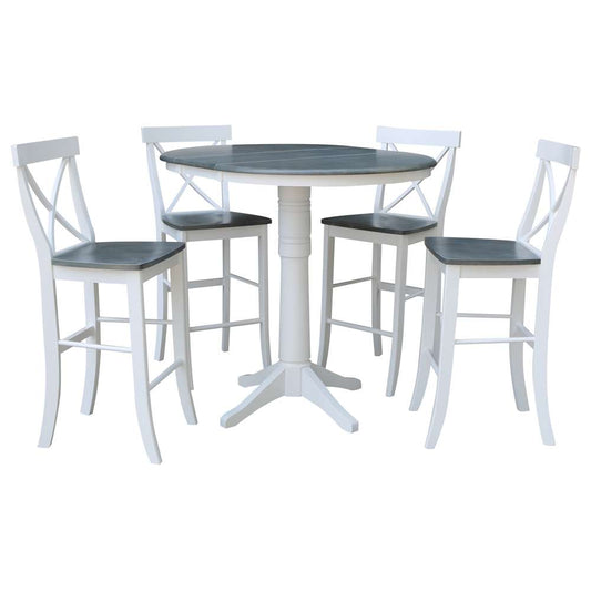 International Concepts - (Set of 5 Pcs) 36in Round Extension Dining Table with 4 RTA Bar Height Stools in White/Heather Gray Finish - K05-36RXT-27B-S6133-4 veiw 1