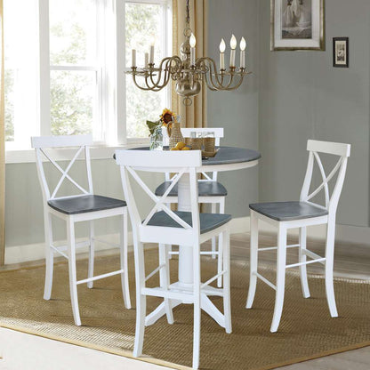 International Concepts - (Set of 5 Pcs) 36in Round Extension Dining Table with 4 RTA Bar Height Stools in White/Heather Gray Finish - K05-36RXT-27B-S6133-4 veiw 2