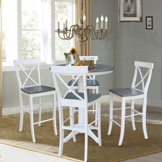 International Concepts - (Set of 5 Pcs) 36in Round Extension Dining Table with 4 RTA Bar Height Stools in White/Heather Gray Finish - K05-36RXT-27B-S6133-4 veiw 2