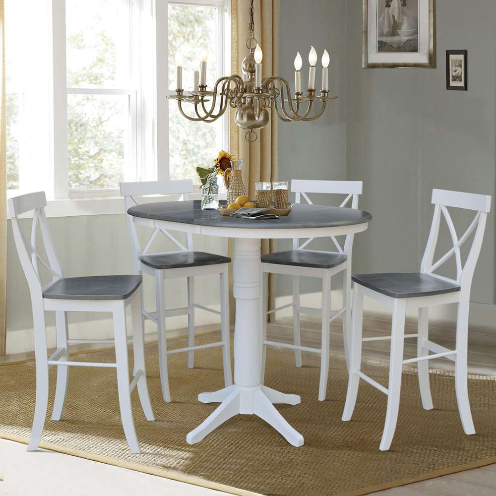 International Concepts - (Set of 5 Pcs) 36in Round Extension Dining Table with 4 RTA Bar Height Stools in White/Heather Gray Finish - K05-36RXT-27B-S6133-4 veiw 5