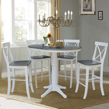 International Concepts - (Set of 5 Pcs) 36in Round Extension Dining Table with 4 RTA Bar Height Stools in White/Heather Gray Finish - K05-36RXT-27B-S6133-4 veiw 5
