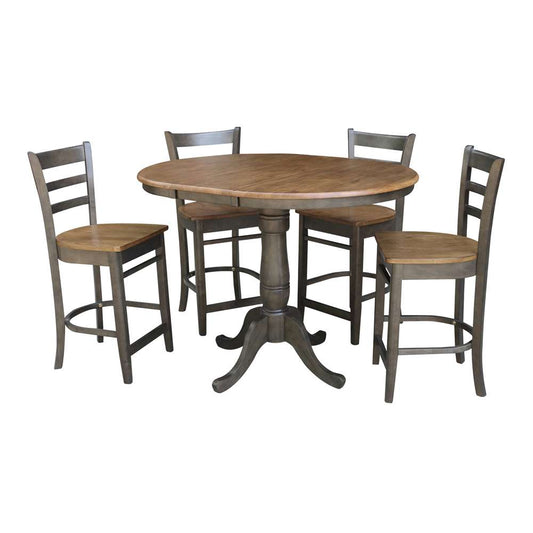 International Concepts - (Set of 5 Pcs) 36in Round Extension Dining Table with 4 RTA Counter Height Stools in Hickory/Washed Coal Finish - K45-36RXT-6B-S6172-4 veiw 1