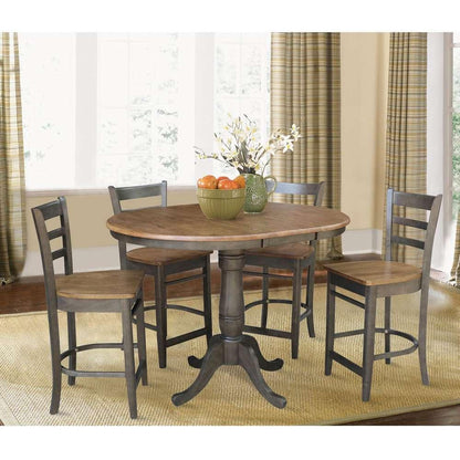 International Concepts - (Set of 5 Pcs) 36in Round Extension Dining Table with 4 RTA Counter Height Stools in Hickory/Washed Coal Finish - K45-36RXT-6B-S6172-4 veiw 2