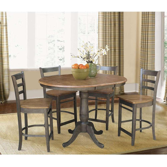 International Concepts - (Set of 5 Pcs) 36in Round Extension Dining Table with 4 RTA Counter Height Stools in Hickory/Washed Coal Finish - K45-36RXT-6B-S6172-4 veiw 2