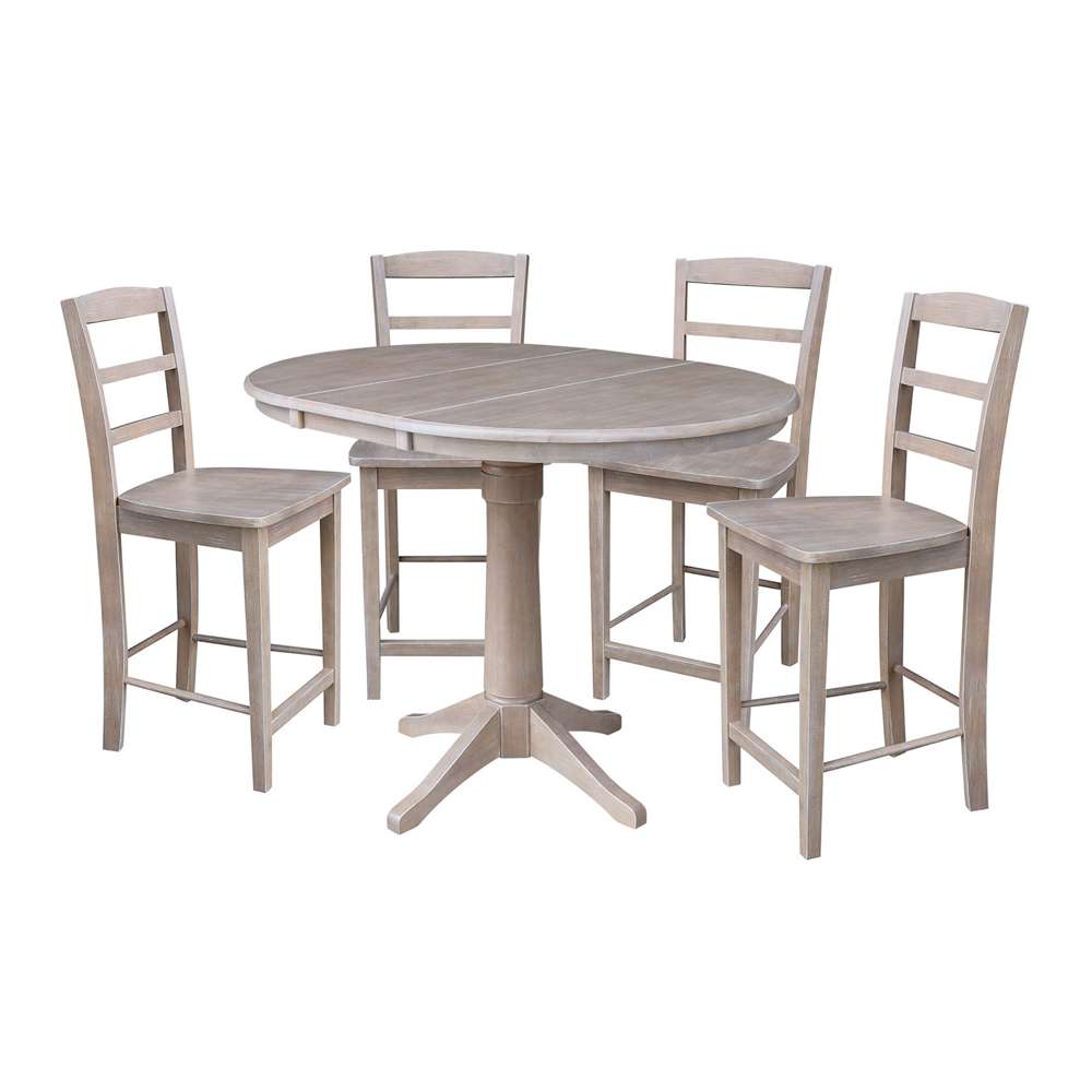 International Concepts - (Set of 5 Pcs) 36in Round Extension Dining Table with 4 RTA Counter Height Stools in Washed Gray Taupe Finish - K09-36RXT-27B-S402-4 veiw 1