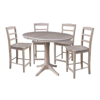 International Concepts - (Set of 5 Pcs) 36in Round Extension Dining Table with 4 RTA Counter Height Stools in Washed Gray Taupe Finish - K09-36RXT-27B-S402-4 veiw 1