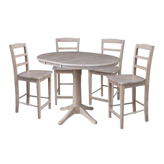 International Concepts - (Set of 5 Pcs) 36in Round Extension Dining Table with 4 RTA Counter Height Stools in Washed Gray Taupe Finish - K09-36RXT-27B-S402-4 veiw 1