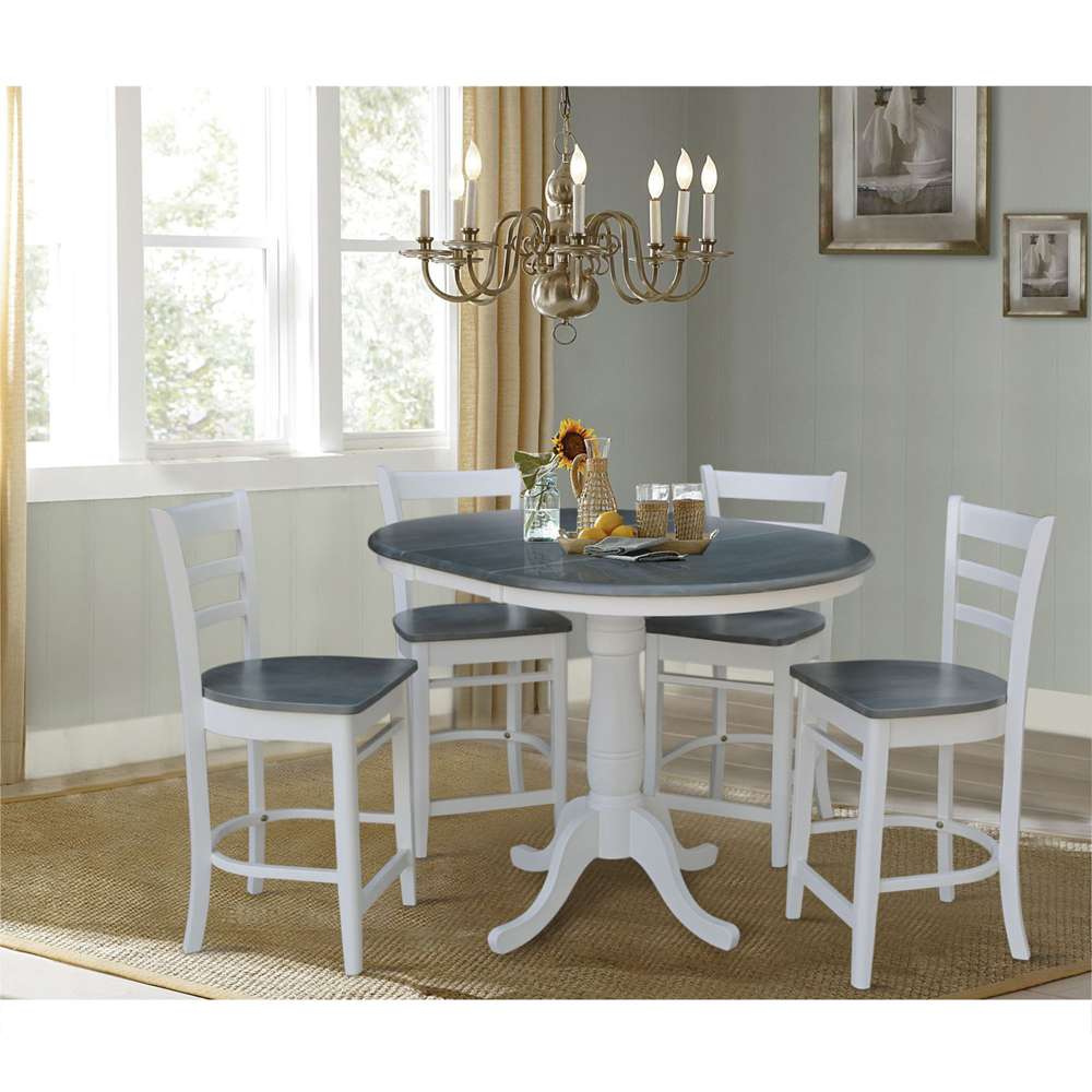 International Concepts - (Set of 5 Pcs) 36in Round Extension Dining Table with 4 RTA Counter Height Stools in White/Heather Gray Finish - K05-36RXT-6B-S6172-4 veiw 2