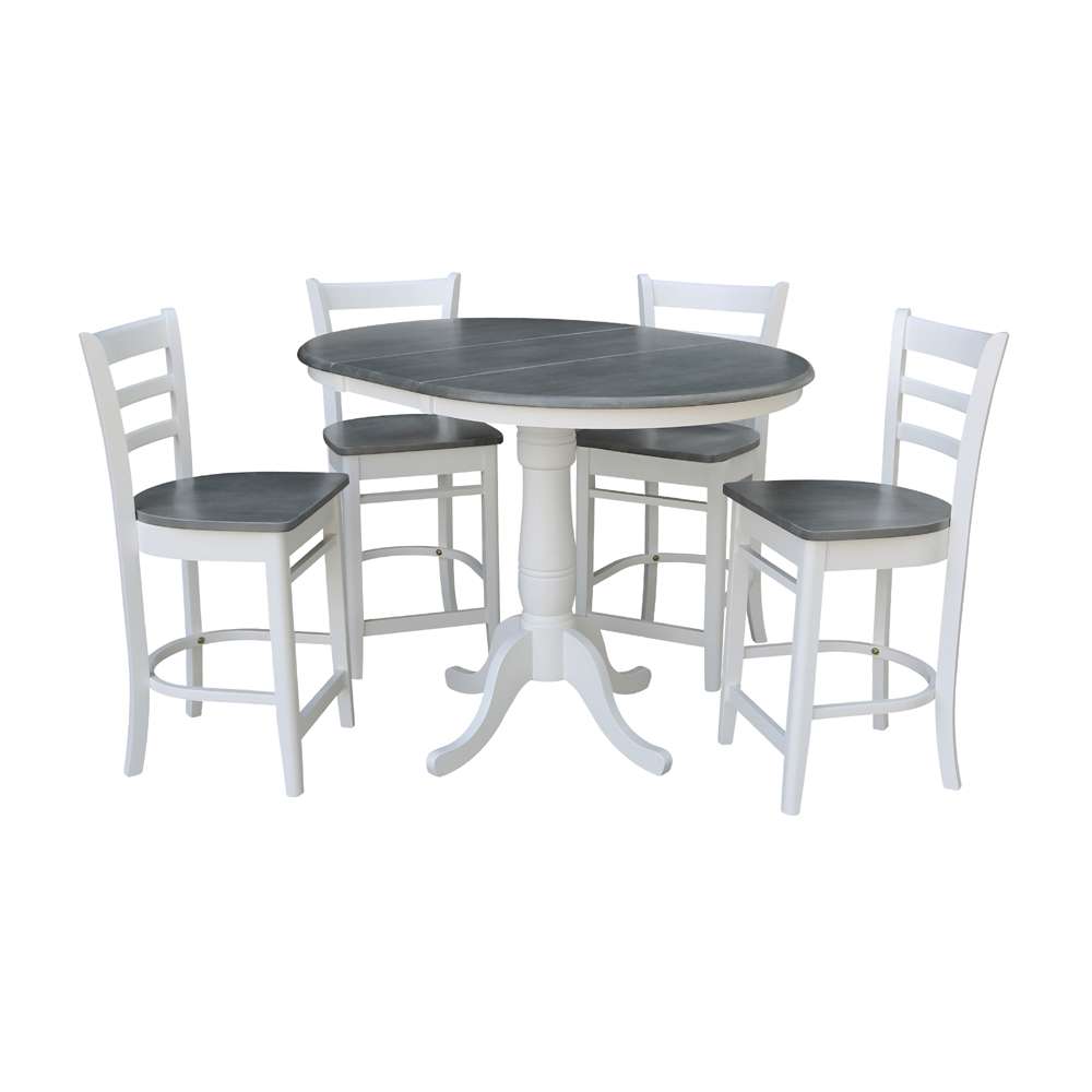 International Concepts - (Set of 5 Pcs) 36in Round Extension Dining Table with 4 RTA Counter Height Stools in White/Heather Gray Finish - K05-36RXT-6B-S6172-4 veiw 5