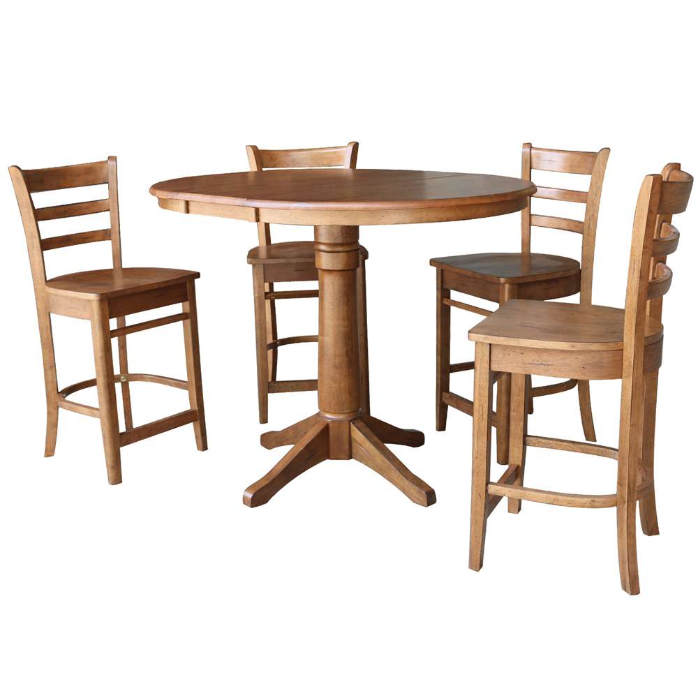 International Concepts - (Set of 5 Pcs) 36in Round Extension Dining Table with 4 Counter Height Stools in Distressed Oak Finish - K42-36RXT-27B-S6172-4 veiw 1