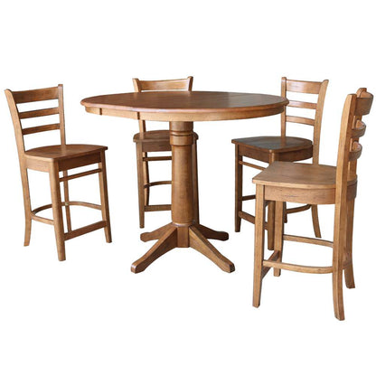 International Concepts - (Set of 5 Pcs) 36in Round Extension Dining Table with 4 Counter Height Stools in Distressed Oak Finish - K42-36RXT-27B-S6172-4 veiw 1