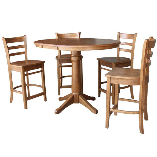 International Concepts - (Set of 5 Pcs) 36in Round Extension Dining Table with 4 Counter Height Stools in Distressed Oak Finish - K42-36RXT-27B-S6172-4 veiw 1