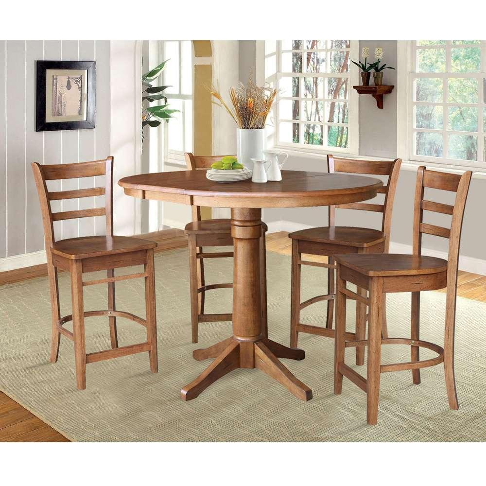 International Concepts - (Set of 5 Pcs) 36in Round Extension Dining Table with 4 Counter Height Stools in Distressed Oak Finish - K42-36RXT-27B-S6172-4 veiw 2