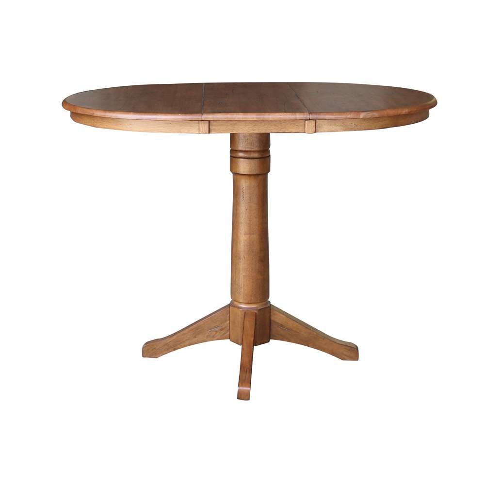 International Concepts - (Set of 5 Pcs) 36in Round Extension Dining Table with 4 Counter Height Stools in Distressed Oak Finish - K42-36RXT-27B-S6172-4 veiw 3