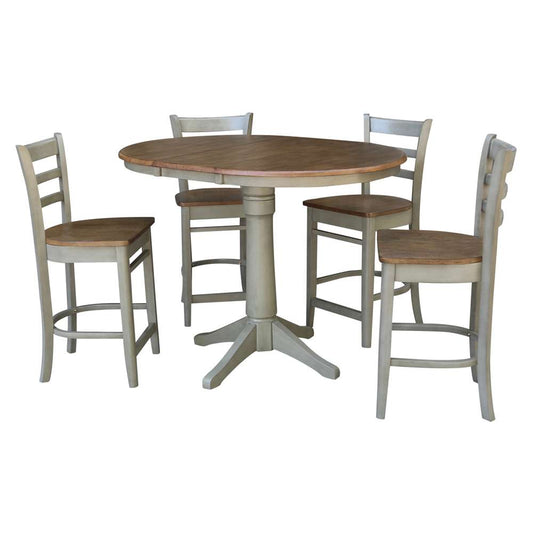 International Concepts - (Set of 5 Pcs) 36in Round Extension Dining Table with 4 Counter Height Stools in Hickory/Stone Finish - K41-36RXT-27B-S6172-4 veiw 1
