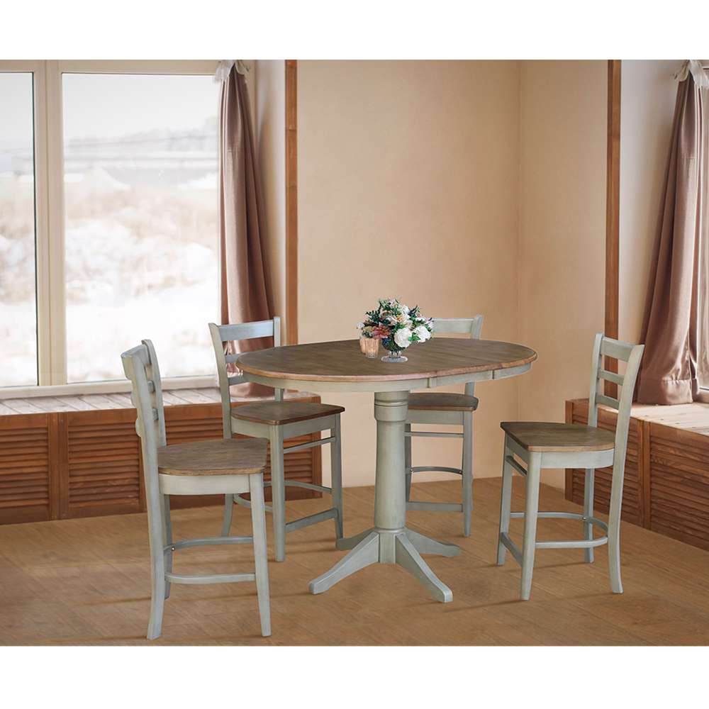 International Concepts - (Set of 5 Pcs) 36in Round Extension Dining Table with 4 Counter Height Stools in Hickory/Stone Finish - K41-36RXT-27B-S6172-4 veiw 2