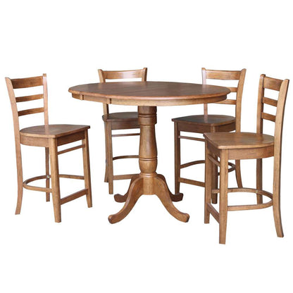 International Concepts - (Set of 5 Pcs) 36in Round Extension Dining Table with 4 RTA Counter Height Stools in Distressed Oak Finish - K42-36RXT-6B-S6172-4 veiw 1