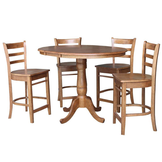 International Concepts - (Set of 5 Pcs) 36in Round Extension Dining Table with 4 RTA Counter Height Stools in Distressed Oak Finish - K42-36RXT-6B-S6172-4 veiw 1