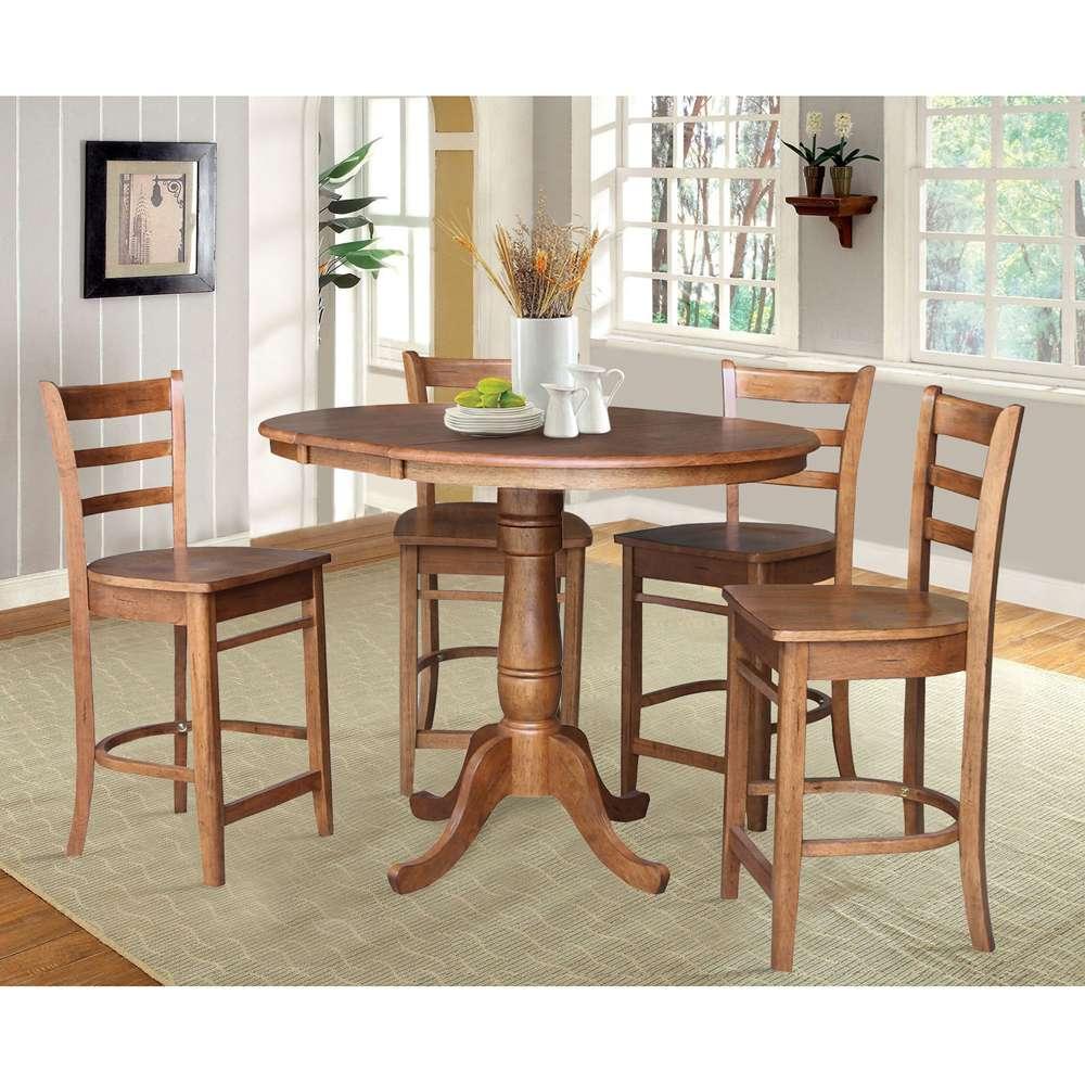 International Concepts - (Set of 5 Pcs) 36in Round Extension Dining Table with 4 RTA Counter Height Stools in Distressed Oak Finish - K42-36RXT-6B-S6172-4 veiw 2