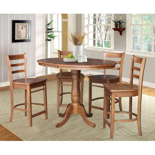 International Concepts - (Set of 5 Pcs) 36in Round Extension Dining Table with 4 RTA Counter Height Stools in Distressed Oak Finish - K42-36RXT-6B-S6172-4 veiw 2