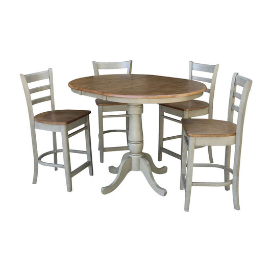 International Concepts - (Set of 5 Pcs) 36in Round Extension Dining Table with 4 RTA Counter Height Stools in Hickory/Stone Finish - K41-36RXT-6B-S6172-4 veiw 1